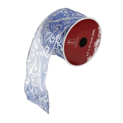 NORTHLIGHT And Silver Abstract Swirls Christmas Wired Craft Ribbon 2.5" X 10 Yards In Blue