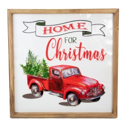 NORTHLIGHT 16" Vintage Truck With A Forest Tree "home for Christmas" Metal With A Wooden Frame Wall Decor In Red