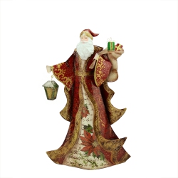 GALLERIE II 17.75" Vintage Postcard Santa Holding Lantern And Gifts Tin Table Top Christmas Decoration In Red