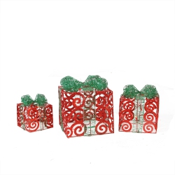 NORTHLIGHT Set Of 3 Lighted Sparkling Swirl Glitter Gift Boxes Outdoor Christmas Decorations In Red