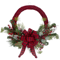 NORTHLIGHT And Black Buffalo Plaid And Berry Artificial Christmas Wreath - 24-Inch, Unlit In Red