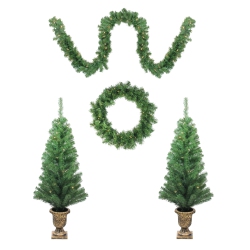 NORTHLIGHT 5-Piece Pre-Lit Artificial Winter Spruce Christmas Trees, Wreath And Garland Set - Clear Lights