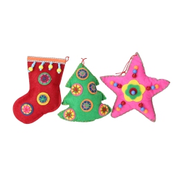 RAZ Set Of 3 Vibrantly Colored Bohemian Plush Star, Tree, And Stocking Christmas Ornaments 5