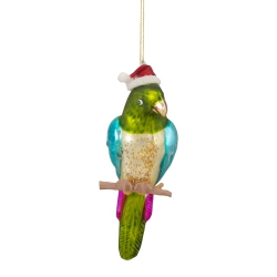 NORTHLIGHT 6.25" And Blue Parrot In A Santa Hat Glass Christmas Ornament In Green