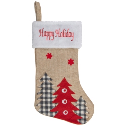 NORTHLIGHT 19" Beige And Burlap "happy Holidays" Forest Trees Christmas Stocking In Red