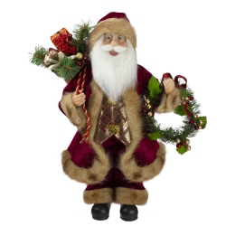 NORTHLIGHT 18" Santa Claus Holding A Wreath And Gift Bag Christmas Figurine In Red