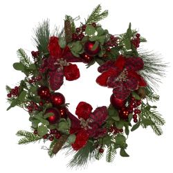 NORTHLIGHT Magnolia And Berries Artificial Christmas Wreath - 22-Inch, Unlit In Red