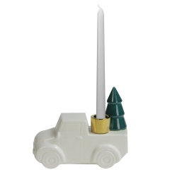 NORTHLIGHT 6 Ceramic Truck With Christmas Tree Taper Candlestick Holder In White