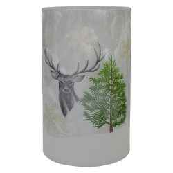 NORTHLIGHT 10" Deer, Pine And Snowflakes Hand Painted Flameless Glass Christmas Candle Holder