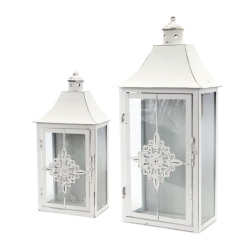 MELROSE Set Of 2 Vintage Rose Distressed Pillar Candle Lanterns 19.5" In White