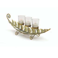 MELROSE 18" Golden Patina Laying Fern With Three Votive Cups Table Top Decoration