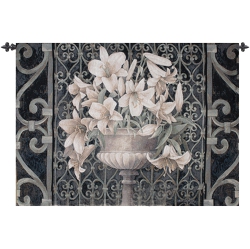 MANUAL WEAVERS Lilies In Urn Ornate Iron Gate Cotton Wall Art Hanging Tapestry 35" X 53