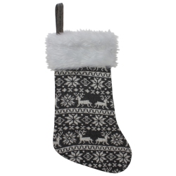 NORTHLIGHT 19" Gray And Reindeer And Snowflake Knit Christmas Stocking With Faux Fur Cuff In White