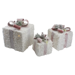 NORTHLIGHT Set Of 3 Led Frosted Rattan Christmas Gift Boxes With Pinecones - 10