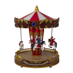 NORTHLIGHT 11" And White Led Lighted And Animated Christmas Carousel With Horses In Red