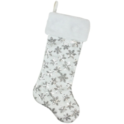 NORTHLIGHT 19 And Silver Sequin Snowflake Christmas Stocking In White