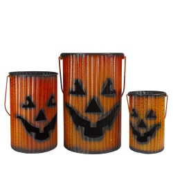 NORTHLIGHT 3 Piece Black And Metal Pumpkin Lantern Set Halloween Decoration In Orange