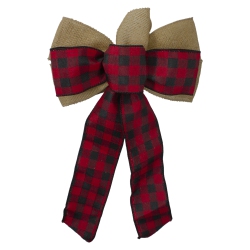 NORTHLIGHT 14" X 9" Burlap And Buffalo Plaid 6 Loop Christmas Bow Decoration