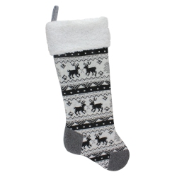 NORTHLIGHT 21" Black, Gray And Rustic Lodge Knit Christmas Stocking With Sherpa Cuff In White