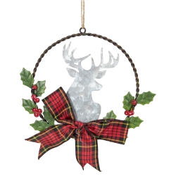 NORTHLIGHT 5.5" Wreath And Galvanized Moose Christmas Ornament With Plaid Bow