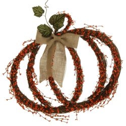 RAZ Berry With Leaves And Burlap Bow Pumpkin Autumn Wreath - 25-Inch, Unlit In Brown