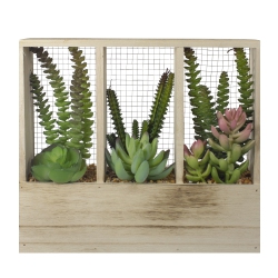 NORTHLIGHT 11" Artificial Mixed Succulent Arrangement In A Wooden Planter Box