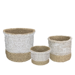 NORTHLIGHT Set Of 3 Beige And Round Wicker Table And Floor Baskets In White