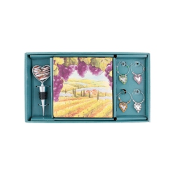 PETERSON HOUSEWARES Gift Set Box: Deco Wine Stopper; 4 Wine Glass Charms; Deco Napkins Vineyard