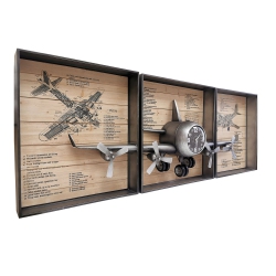 PETERSON ARTWARES Metallic Vintage Airplane Wall Art With Clock, Set Of 3