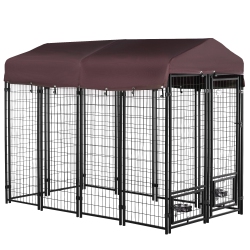 PAWHUT Outdoor Dog Kennel, Run, Large Wire Steel Fence, Lockable Pet Playpen Enclosure, \w Water-, Uv-Resistant Canopy Top, Door, Rotating Bowl