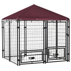 PAWHUT Outdoor Dog Kennel, Run, Large Wire Steel Fence, Lockable Pet Playpen Enclosure, \w Water-, Uv-Resistant Canopy Top, Door, Rotating Bowl
