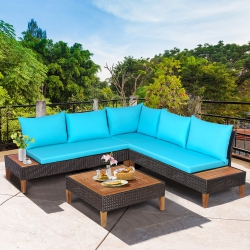 COSTWAY 4PCs Patio Rattan Furniture Set Cushioned Loveseat W/wooden Side Table