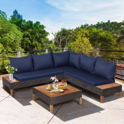 COSTWAY 4PCs Patio Rattan Furniture Set Cushioned Loveseat W/wooden Side Table