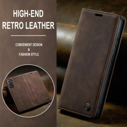 CASEME Wallet Case Anti-Fall Retro Handmade Leather Magnetic Case Card Slot for Samsung Galaxy S22 (Coffee)