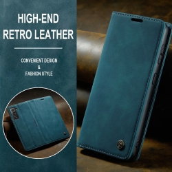 CASEME Wallet Case Anti-Fall Retro Handmade Leather Magnetic Case Card Slot for Samsung Galaxy S21 Fe (Cyan)
