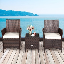 COSTWAY 3PCs Patio Rattan Furniture Set Cushioned Sofa Glass Tabletop Deck