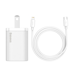 BASEUS Value Combo - Super Si Quick Charger 20W With Wisdom Data Cable Type-C to Ip 1M (White)