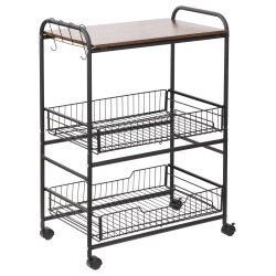 HOMCOM Rolling Kitchen Cart, 3-Tier Utility Storage Cart With 2 Basket Drawers & Side Hooks, Lockable Casters for Dining Room