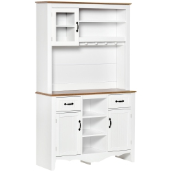 HOMCOM 71" Kitchen Pantry, Buffet With Hutch, Farmhouse Style Storage Cupboard With Utility Drawer, 3 Door Cabinets And 5-Tier Shelves In White