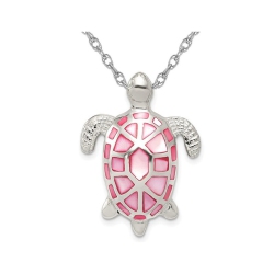 GEM AND HARMONY Mother Of Pearl Turtle Pendant Necklace In Sterling Silver With Chain In Pink