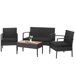 COSTWAY 4PCs Patio Rattan Furniture Set Cushioned Chair Wooden Tabletop In Black