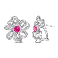 GEM AND HARMONY 2.00 Carat (Ctw) Pink Topaz & Topaz Flower Omega-Clip Earrings In Sterling Silver In White