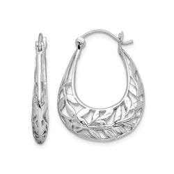 GEM AND HARMONY Sterling Polished Leaves Hinged Hoop Earrings In Silver