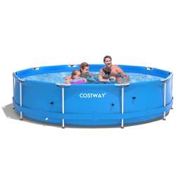 COSTWAY Round Above Ground Swimming Pool Patio Frame Pool W/ Pool Cover Iron Frame