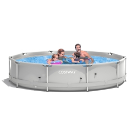 COSTWAY Round Above Ground Swimming Pool Patio Frame Pool W/ Pool Cover Iron Frame