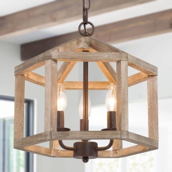 LNC Farmhouse Wood 3-Light Lantern Chandelier Cage Pendant Light