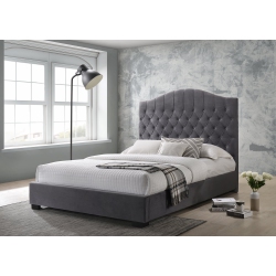 QUEENSONS Velvet Contemporary Button Tufted King Size Platform Bed (No Box Spring Required) In Grey