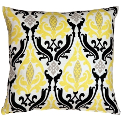 PILLOW DECOR Linen Damask Print Black Throw Pillow, 18"x18" (Polyfill Insert Included) In Yellow