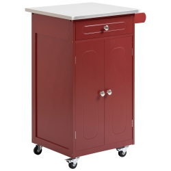 HOMCOM Kitchen Cart, Small Kitchen Island, Stainless Steel Top Utility Trolley On Wheels With Storage Drawer for Dining Room, Kitchen (Red)