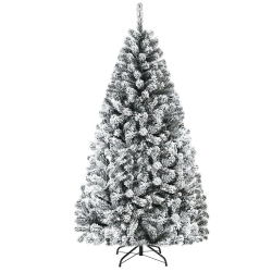 SLICKBLUE Flocked Hinged Christmas Tree With Snow Decor And Metal Stand, Artificial Holiday Tree